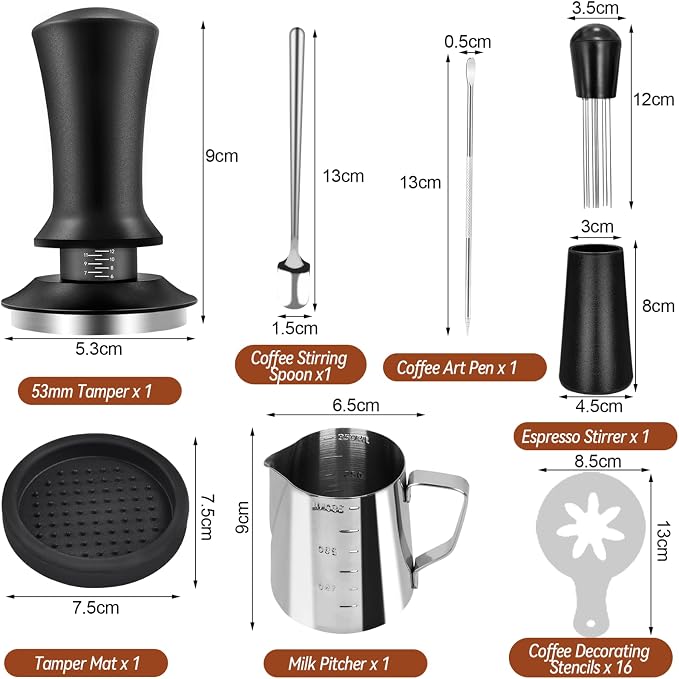 53mm Coffee Espresso Tamper Set, WDT Tool, Coffee Stirrer, Frothing Pitcher - Image 4