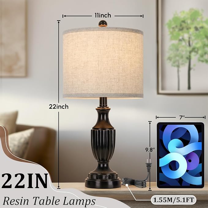TOBUSA Farmhouse Living Room Table Lamps Set of 2, Matte Black Rustic Vintage - Image 4