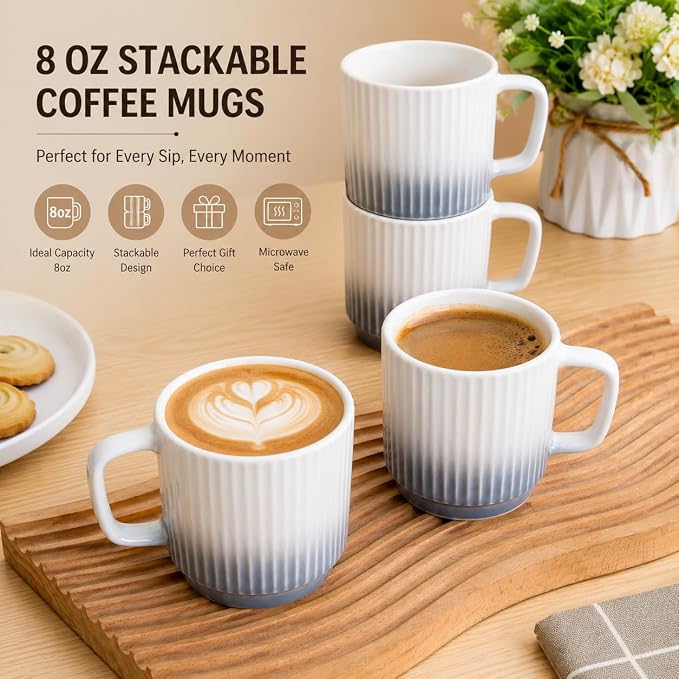 8 oz Stackable Coffee Mugs Set of 4, Ceramic Coffee Mugs Cappuccino Cups Set - Image 4