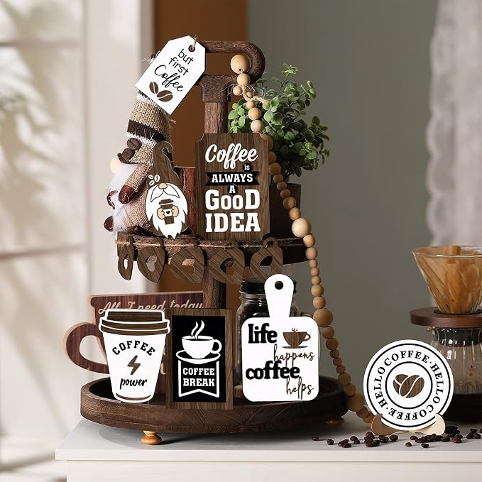 Yalikop 12 Pcs Coffee Bar Decor Tiered Tray Decor Set Farmhouse Wooden Gnomes - Image 2