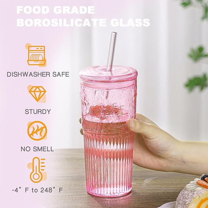 JunVpic Glass Coffee Cups with Lids and Straws, 20 OZ Pink Iced Water Glasses - Image 2
