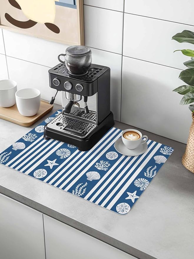 Striped Coffee Mat Ocean Navy Blue Starfish Shell Jellyfish Coral Absorbent Bar - Image 2