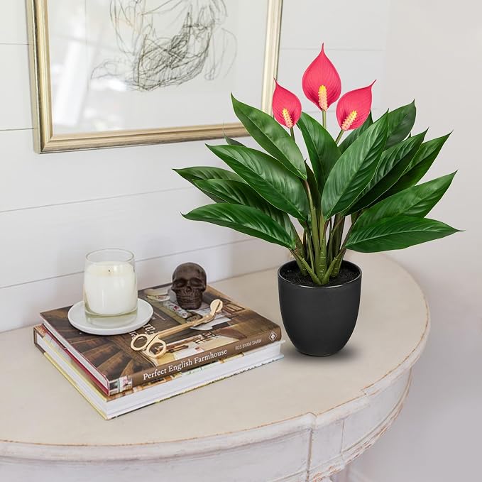 GnFlus 20'' Realistic Pink Anthurium Artificial Plant, Fake Potted Plants - Image 4