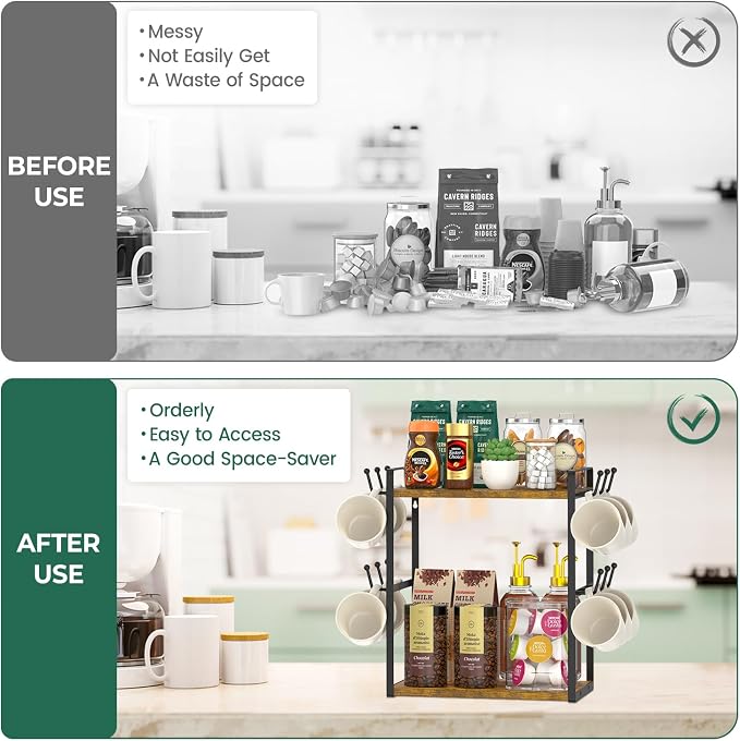 EsLuker.ly Coffee Station Bar Organizer Mug Holder Stand Countertop, 2 Tier Mug - Image 5