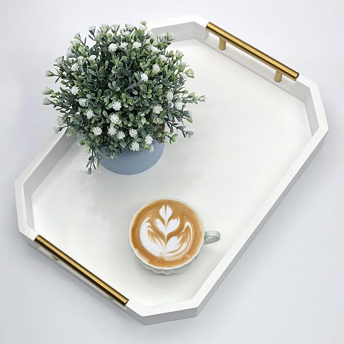 Serving Tray with Polished Metal Handles, Hexagon Coffee Table Tray, Modern by thewense