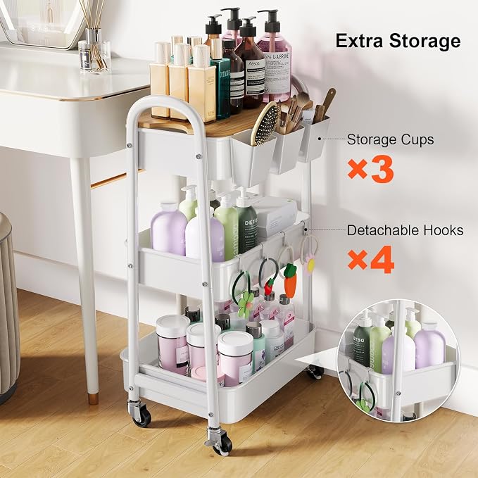 3 Tier Rolling Cart Metal with Wheels and Bamboo Table Top, Art Cart Organizer - Image 9