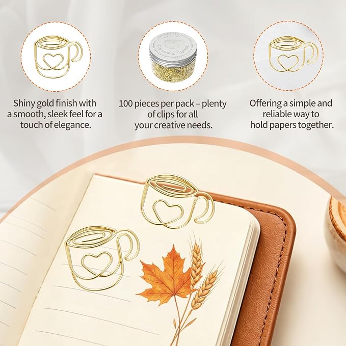 Gold Coffee Cup Paperclip Tea Cup Paper Clip Heart Shaped Cards Clip Planner - Image 3