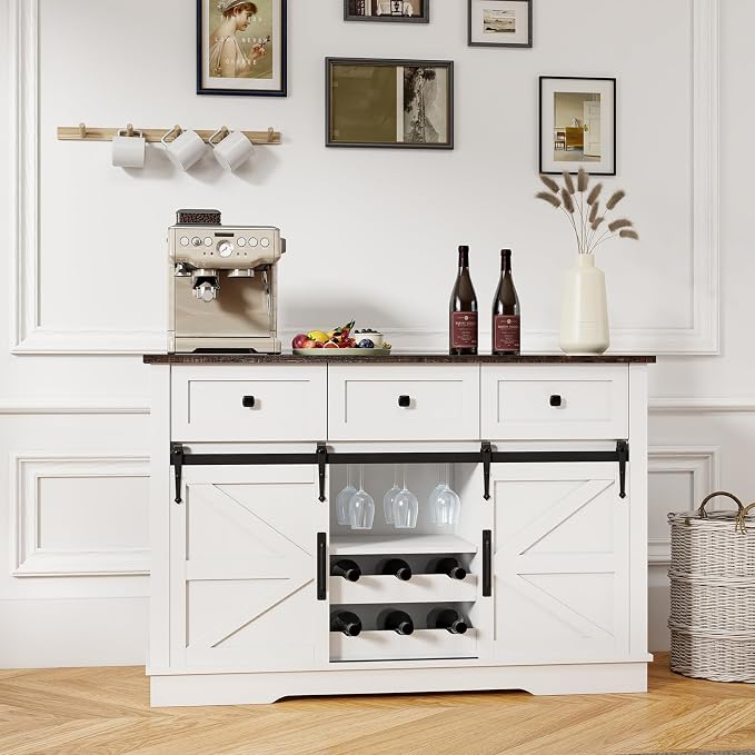 Kmax Farmhouse Wine Bar Cabinet w, 54” Buffet Cabinet by Kmax