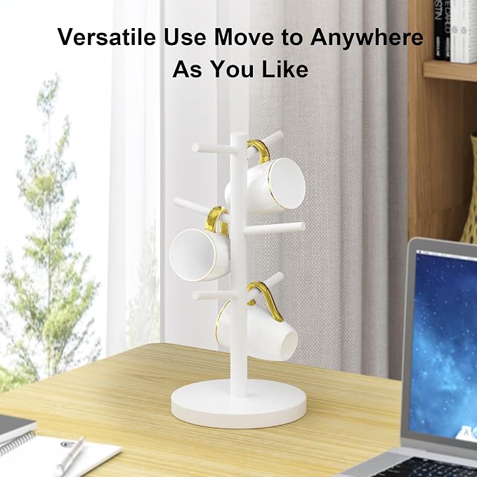 Wisuce White Coffee Mug Tree, Updated Thick Bamboo Mug Holder Base, Coffee Cup - Image 2
