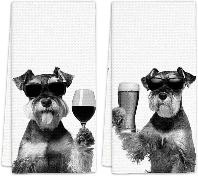 Gifts for Mini Schnauzer Dog Wine Lovers Kitchen Towels Set of 2, Schnauzer by FIicy