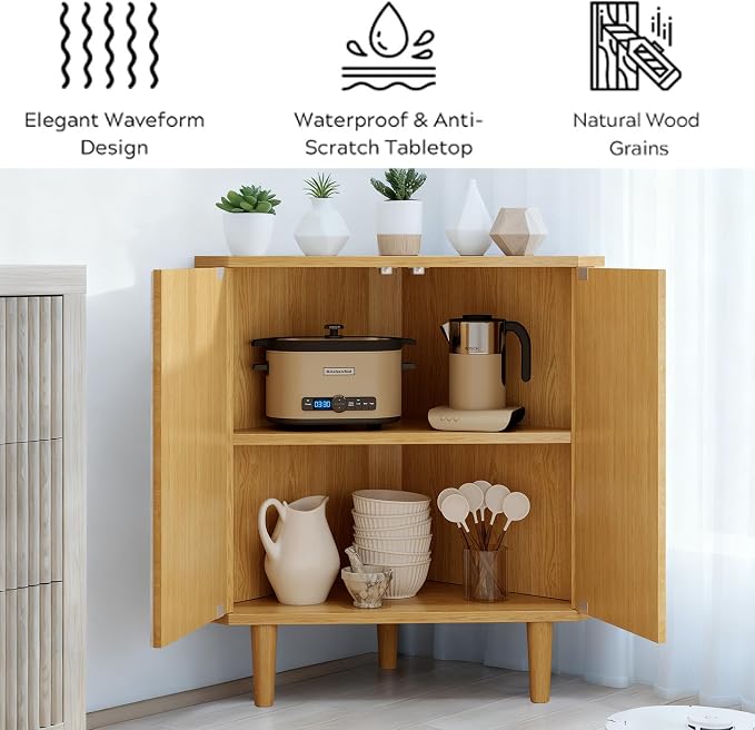 Fluted Floor Corner Kitchen Cabinet, Wooden Freestanding Cabinets Organizer - Image 6