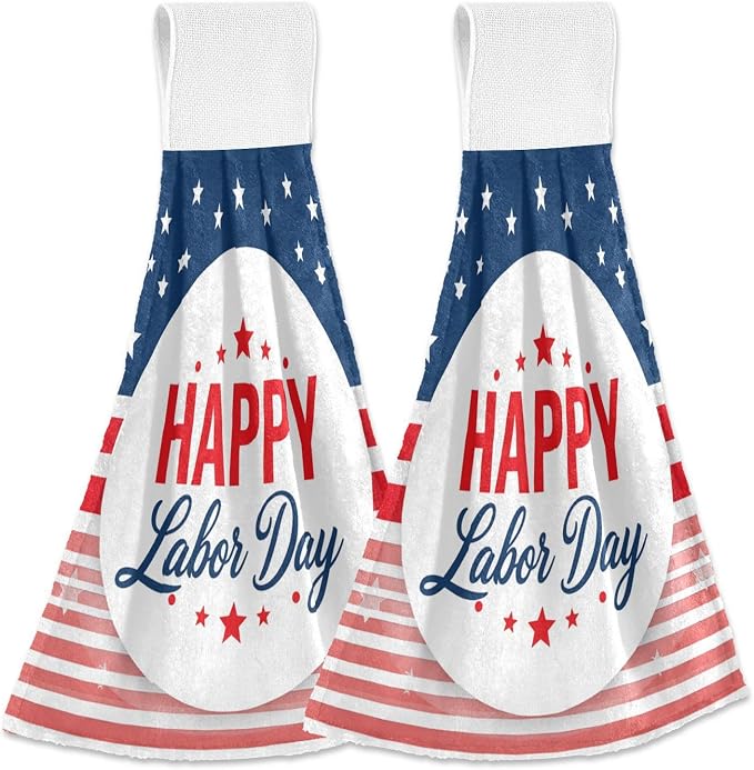 Happy Labor Day Kitchen Hanging Towel 12 x 17 Inch USA Stars Flag Bath Hand Tie by Dussdil