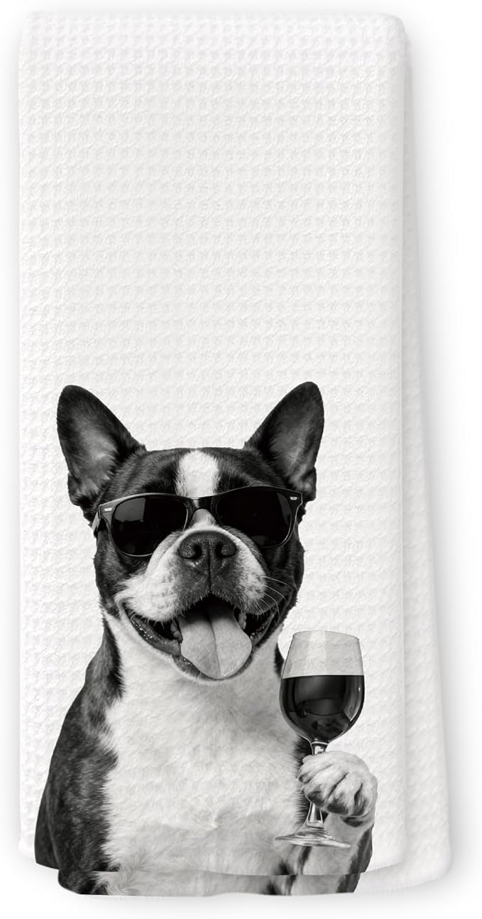 Funny Boston Terrier Wine Kitchen Towels, Gifts by Unknown