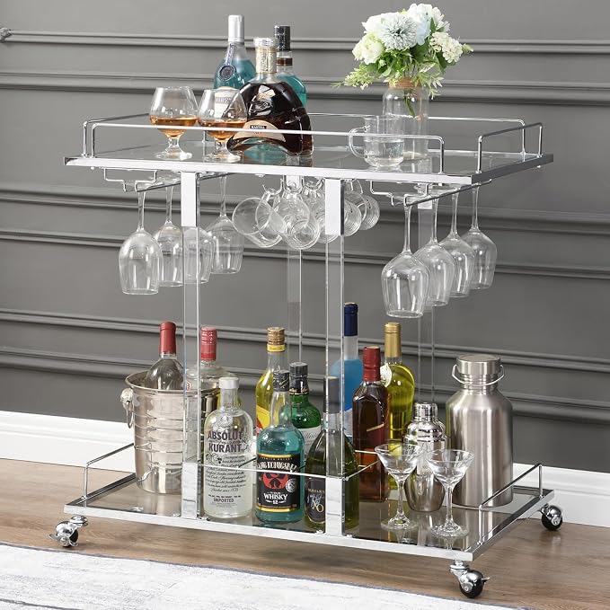 Silver Bar Cart for Home Bar Chrome Serving Cart by FERFALDER