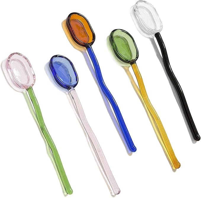 5Pcs Colorful Clear Curved Glass Coffee Stirring Spoons by KYIEN