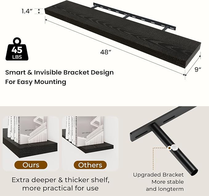 Dreamland 48 Inch Long Floating Shelves in Black, 9.3 Inch Deep Floating Shelf - Image 3