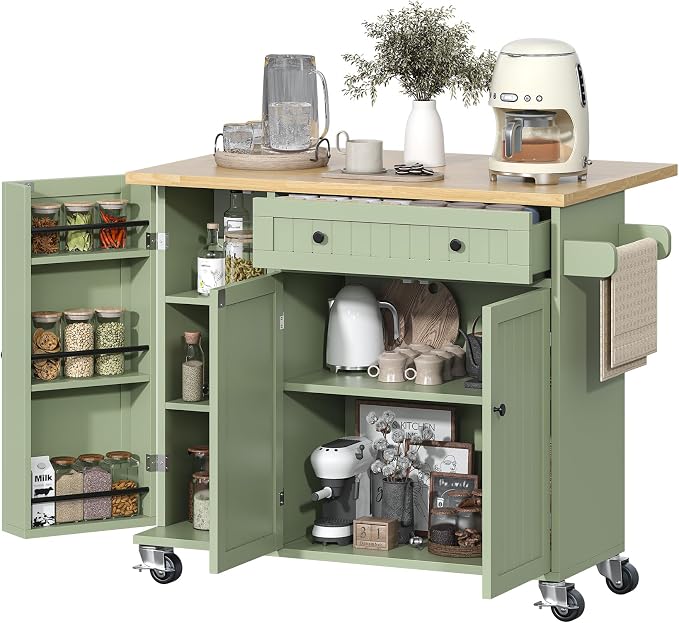 Bigbiglife Kitchen Island with Drop Leaf, Island Table on Wheels with Storage by Bigbiglife