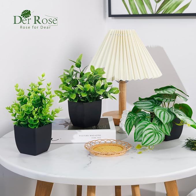 Der Rose 6 Pack Fake Plants Small Artificial Plants in Black Pots - Image 2