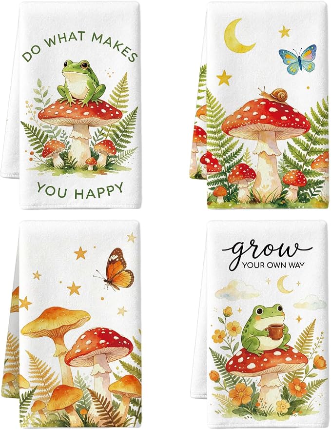 MAYJOYDIY 4 Pcs Frog Mushroom Kitchen Towels Butterfly Microfiber Dish Towel by MAYJOYDIY