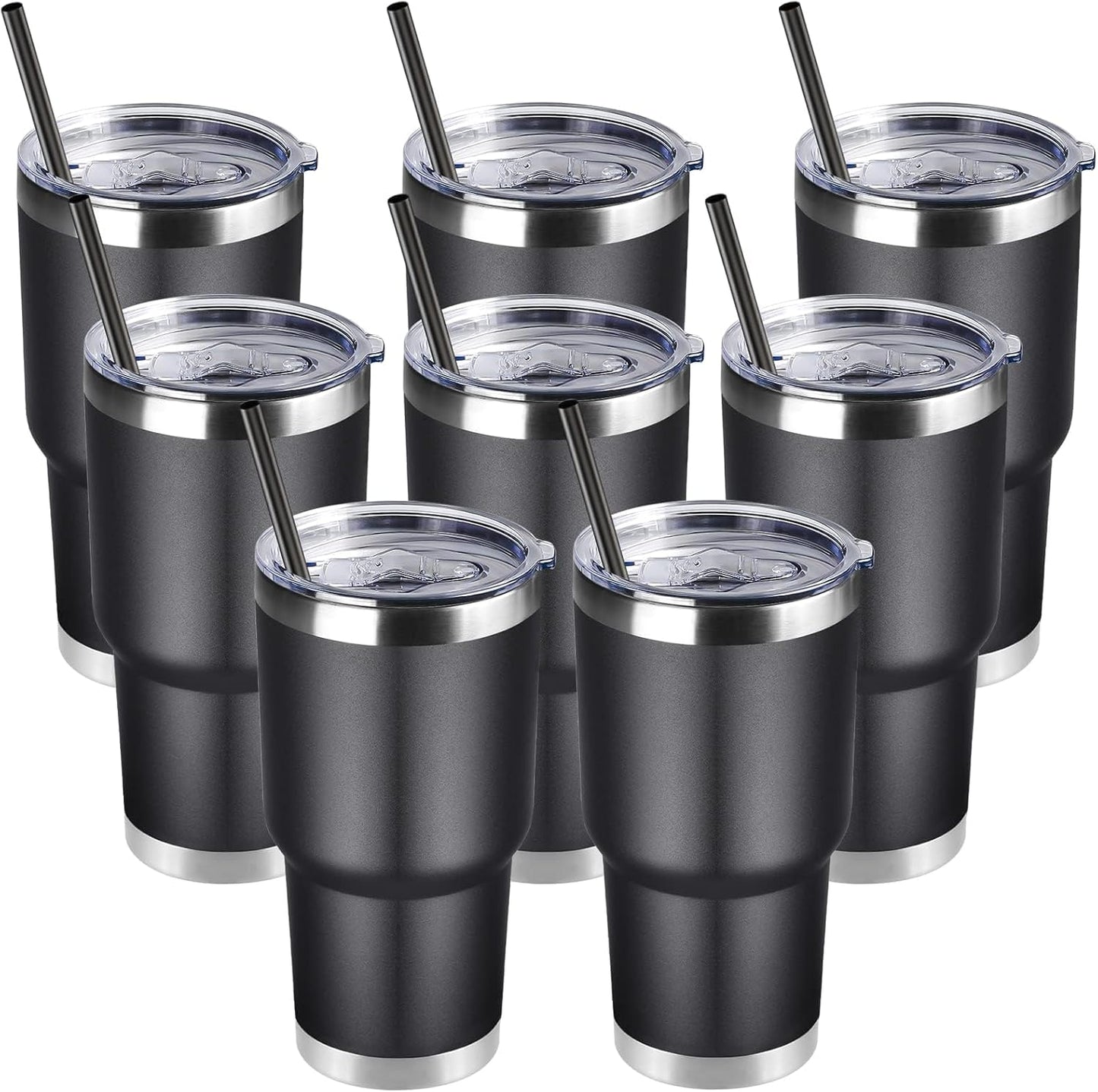 DOMICARE 30oz Tumbler Bulk with Lid and Straw, Double Wall Travel Coffee Mug, Insulated Vacuum Stainless Steel Tumblers, Powder Coated Tumbler Cup (Black, 8)