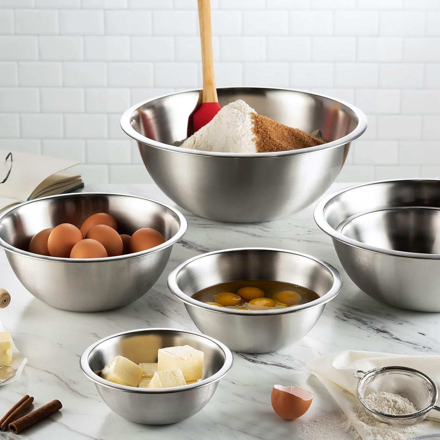 Stainless Steel Mixing Bowl Set, Nesting Bowls for Kitchen Baking, Cooking, Prepping, Kitchen Food Storage Organizers, No Lids (6 Pack)