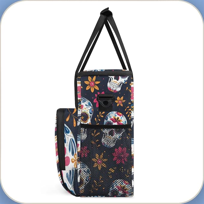 Sugar Skull Flowers Coffee Maker Carring Bag, Large Insulated Storage Organizer - Image 4