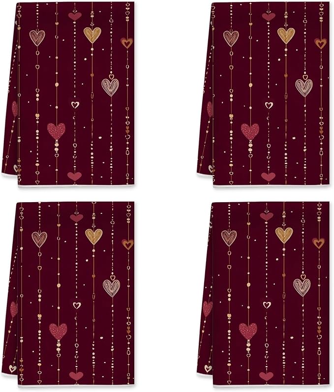 Hearts Kitchen Towels Set of 4, Romantic Modern Strings Dots Valentine's Day by Unknown