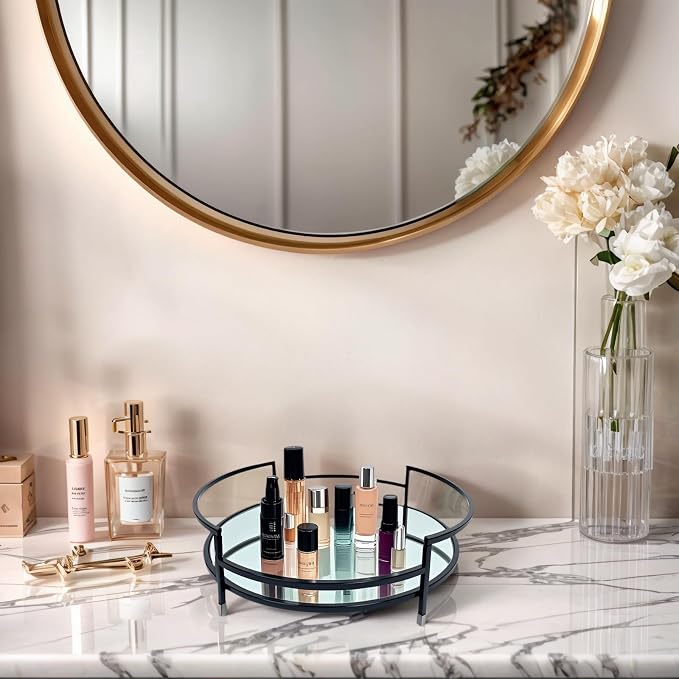 Round Black 12" Mirror Decor Tray, Metal Mirror Serving Tray, Glass Vanity & - Image 8