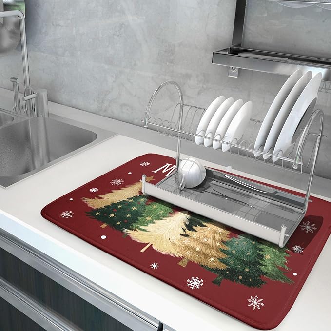 Xmas Tree Red Dish Drying Mat for Kitchen Counter, Winter Snowflake Drying Mat - Image 5