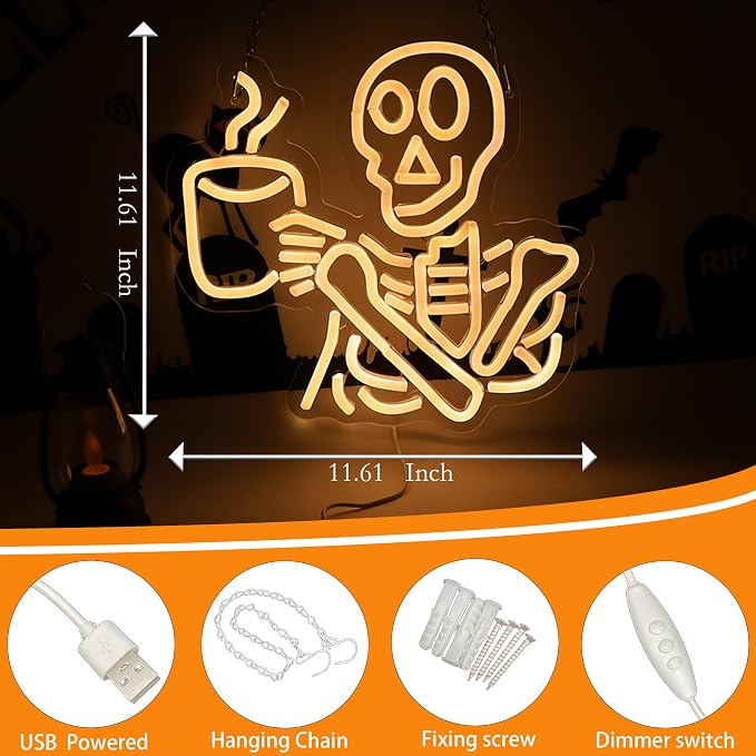 Coffee Skeleton Neon Sign for Wall Decor, Halloween Neon Light Sign Skull Lamp - Image 4