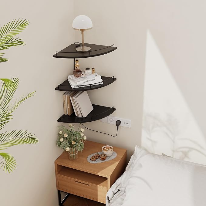 JJL Corner Shelf with Rails, 3-Tier Fan-Shaped Floating Corner Shelf Wall - Image 2