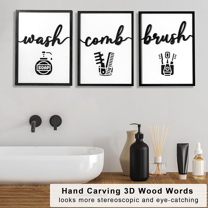 3D Wood Funny Bathroom Wall Art, Framed Black and White Bathroom Pictures Wall - Image 3