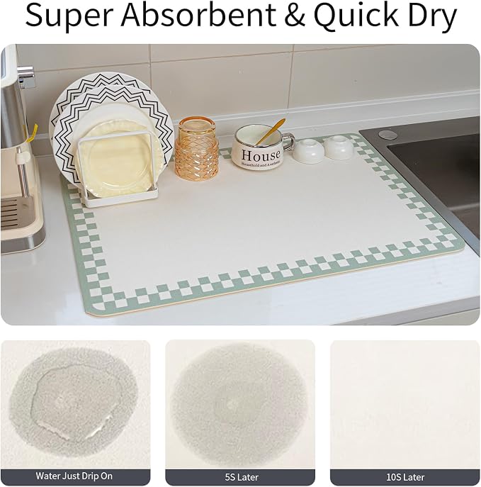 2PCS Non-slip Dish Drying Mats Black Sage Beige Checkered Coffee Bar Mat - Image 5