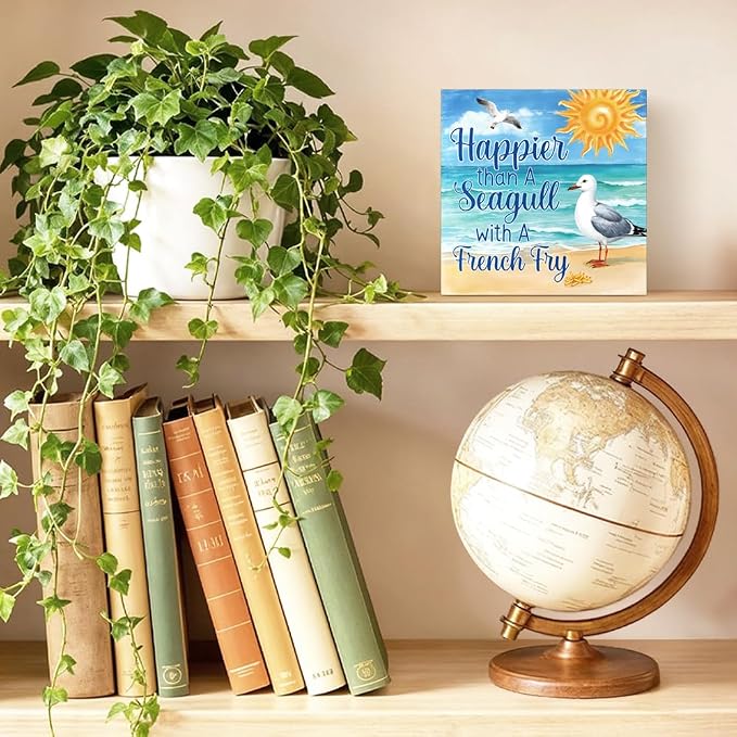 Happier Than a Seagull with a French Fry Wood Block Plaque Box Sign - Image 3