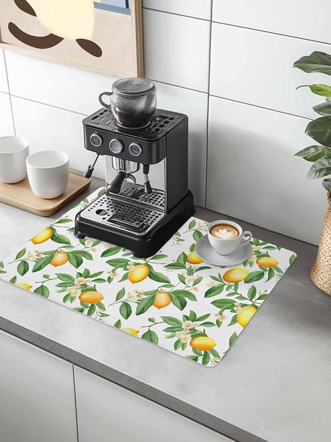 Lemon with Coffee Mat Green Leaves Flowers Absorbent Bar Mat - Image 2