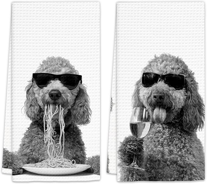 Goldendoole Gifts Wine Kitchen Towels Set of 2, Funny Golden Doole Dog Eating by FIicy