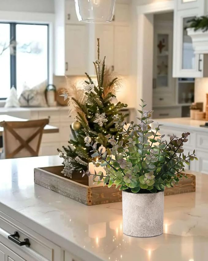 Coferset 2 Pack Small Fake Plants Christmas Greenery Eucalyptus Potted - Image 4