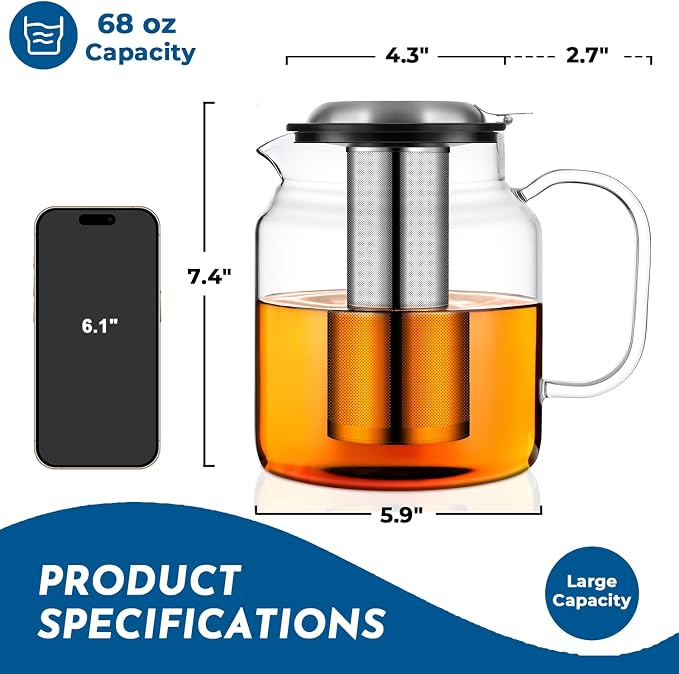 Aquach 68oz Glass Teapot with Infuser, Stovetop Safe Borosilicate Tea Pot | - Image 3