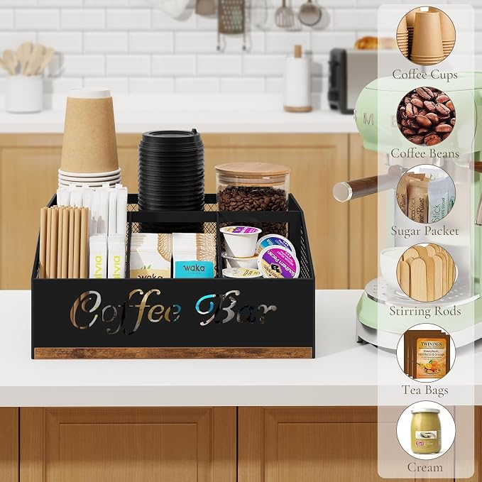 Coffee Station Organizer, Rustic Brown Wooden Countertop Coffee Bar Accessories - Image 4