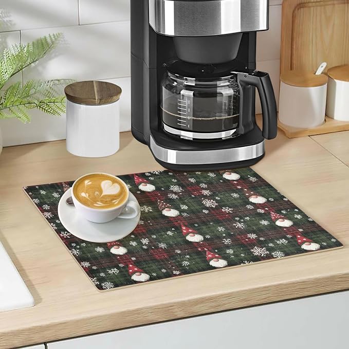 Christmas Gingham Gnome and Snowflakes Coffee Mat Coffee Bar Maker Backed - Image 5
