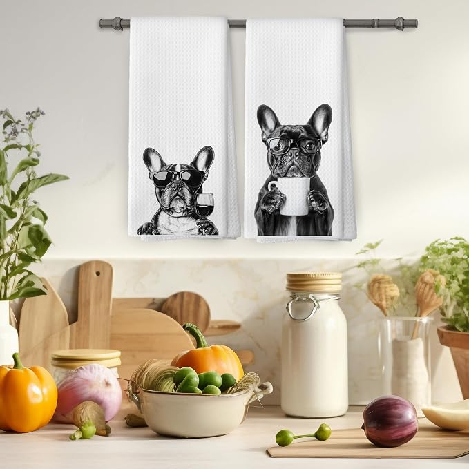 Funny French Bulldog Kitchen Towels Set of 2, Coffee Station Wine Bar Decor - Image 4