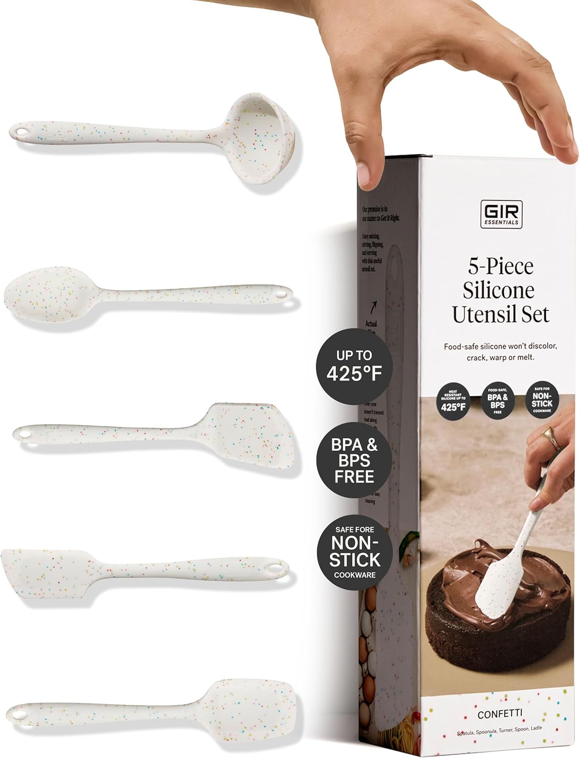 GIR: Get It Right 5-Piece All-Purpose Cooking Utensil Set - 11 in Party Confetti Color - Pharmaceutical-Grade Silicone Utensils - Heat-Resistant 425°F & Dishwasher-Friendly