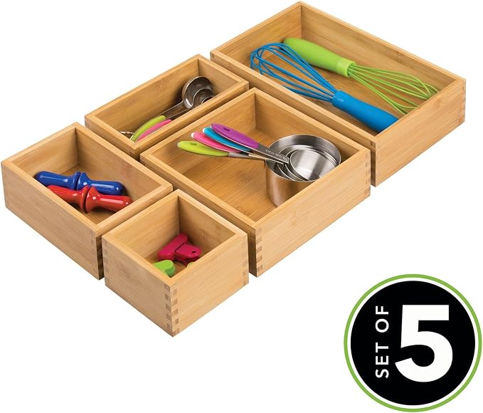 mDesign Bamboo Wood Kitchen Cabinet Drawer Organizer Tray Bins - Image 2