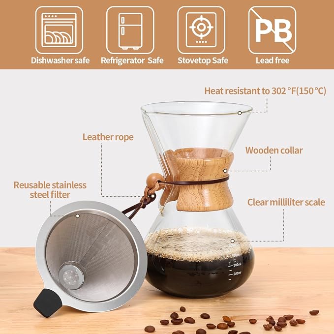 Pour Over Coffee Maker 20 OZ, 6 Cup Borosilicate Glass Drip Coffee Maker - Image 5