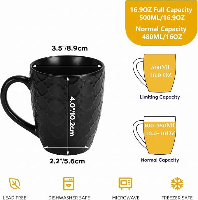 Schliersee 16 OZ Black Coffee Mugs Set of 6, Geometric Pattern Ceramic Coffee - Image 2