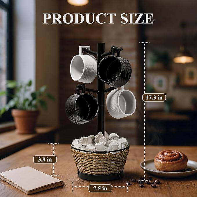 Wood Mug Holder Tree With Woven Basket, 4 Hooks Coffee Mug Holder, Countertop - Image 2