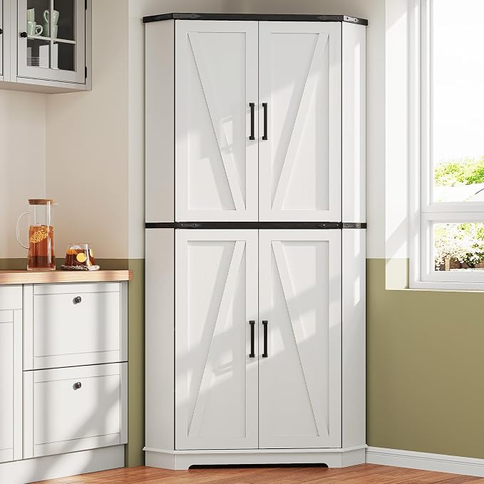 Dripex 71" White Corner Pantry Cabinet, Farmhouse Tall Storage Cabinet by Dripex