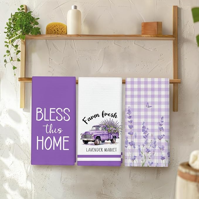 WwongxianB Bless This Home Lavender Kitchen Towels Decorative Set of 3 - Image 3