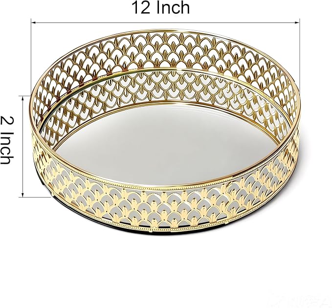 12 Inch Glass and Gold Round Tray Set of 2，Dinner Plate Perfume and Vanity Tray - Image 2