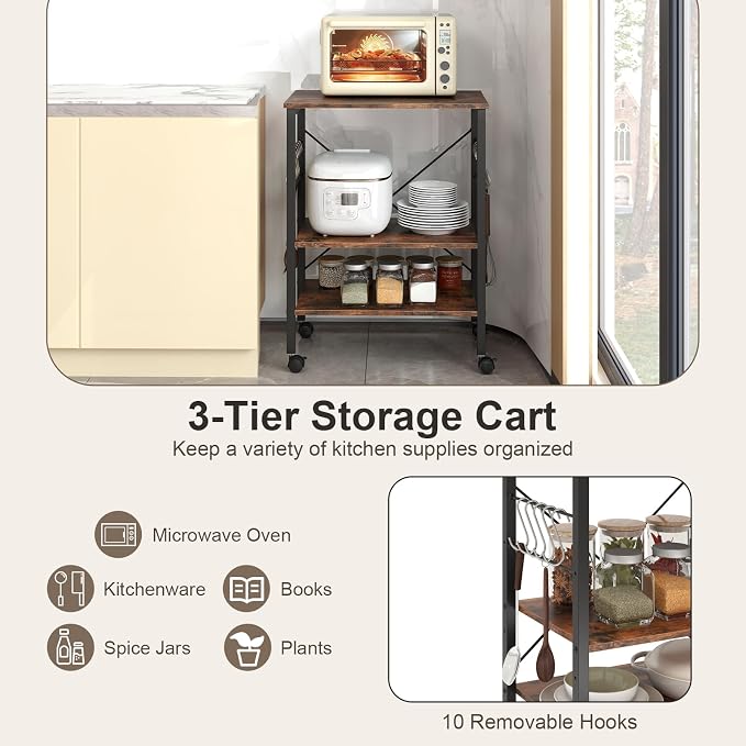 Giantex Kitchen Bakers Rack 3-Tier Microwave Cart on Wheels, Industrial Utility - Image 9
